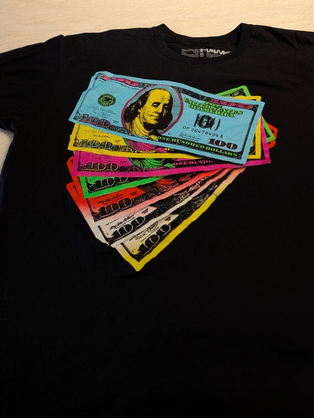 Tony Hawk Black Tee with Neon Stacked $100 Bill Graphic. Xl